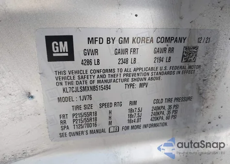 2022 Chevrolet Trax Fwd Lt из США, поврежденный, VIN KL7CJLSMXNB515494